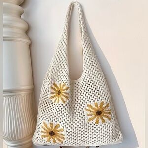 Sunflower Crochet Shoulder Bag, Knitted Crochet Bag, Yellow Flower Handbag